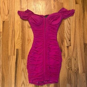 Windsor Pink Ruched Off-Shoulder Mini Dress